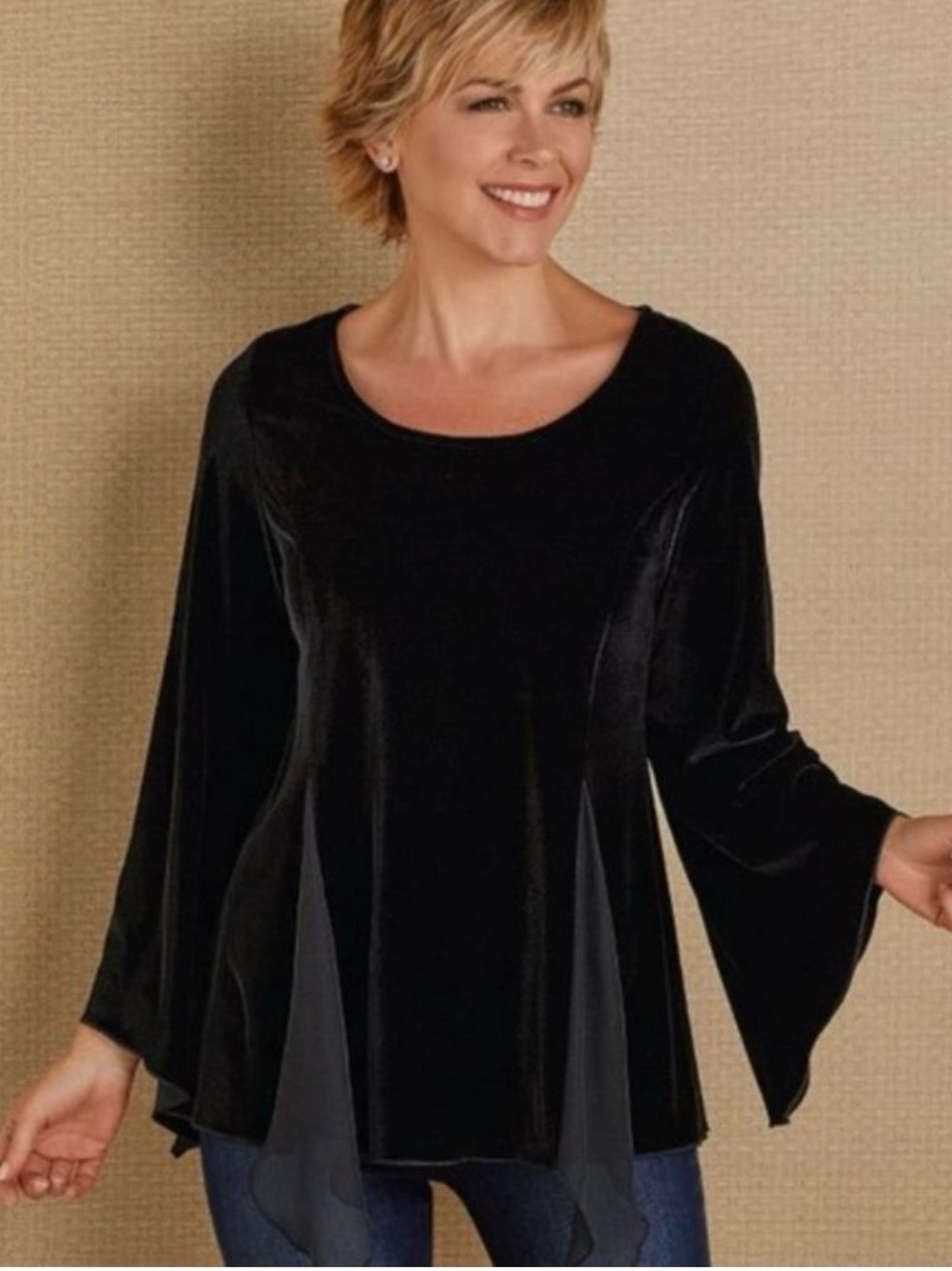 Soft Surroundings Tunic Women XL Black Velvet Chiffon Sharkbite Whimsigoth Flowy